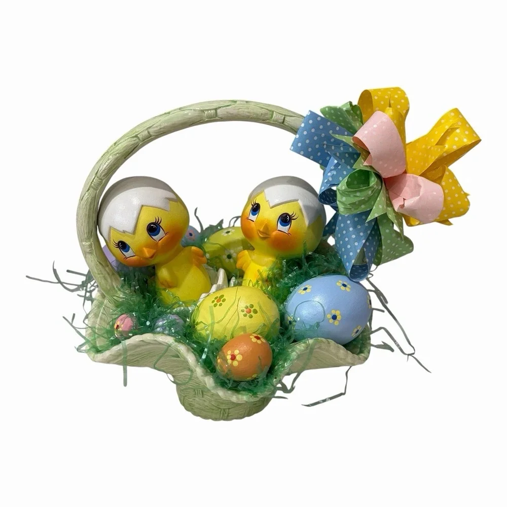 Vintage Ceramic Easter Green Basket with 2‎ Chicks Painted Eggs Bow Straw Kitchy